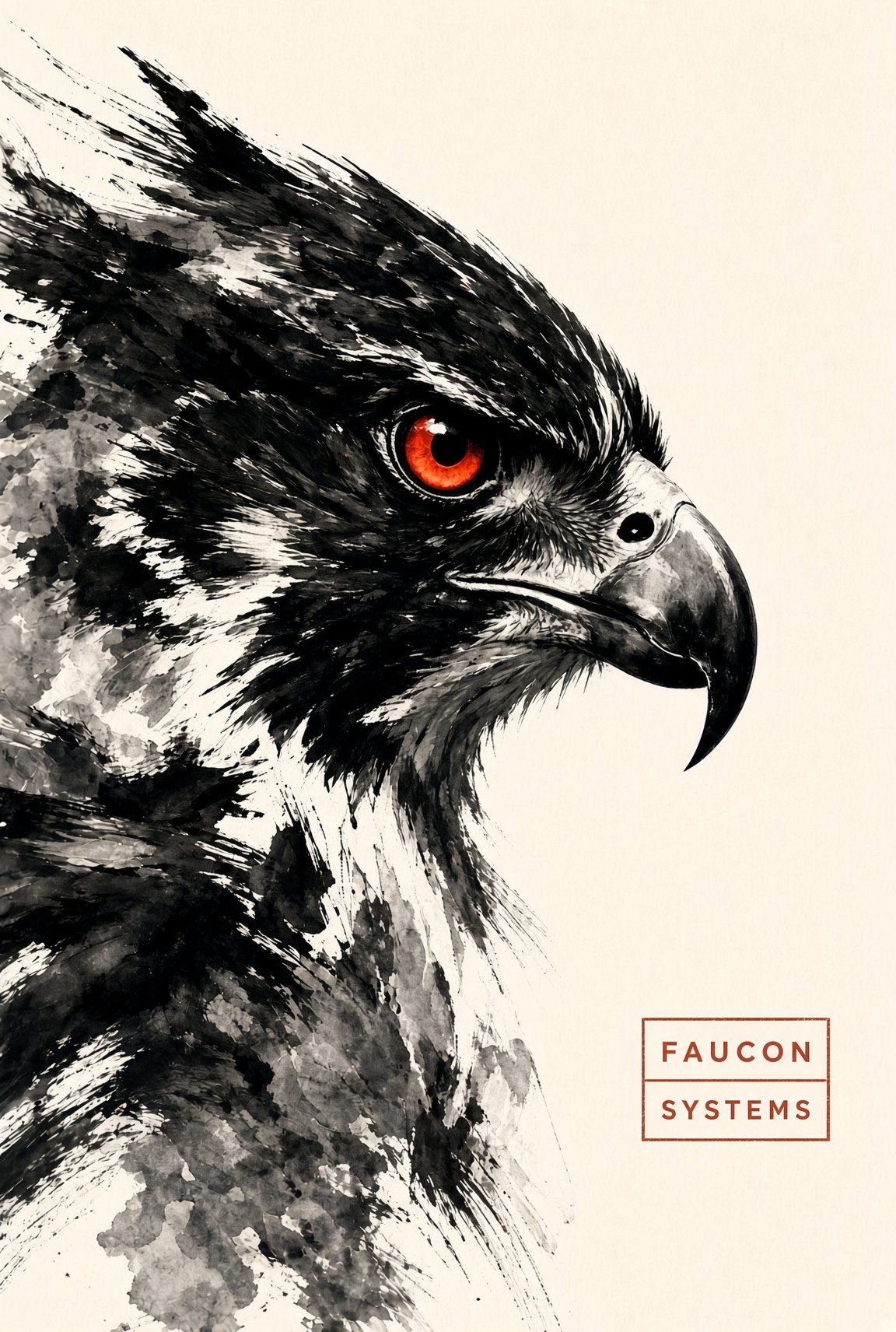 Ink illustration of a falcon in profile with a red eye
